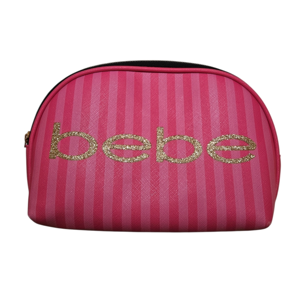 Bebe Gold Logo Pink Striped Cosmetic Case - Picture 2 of 4